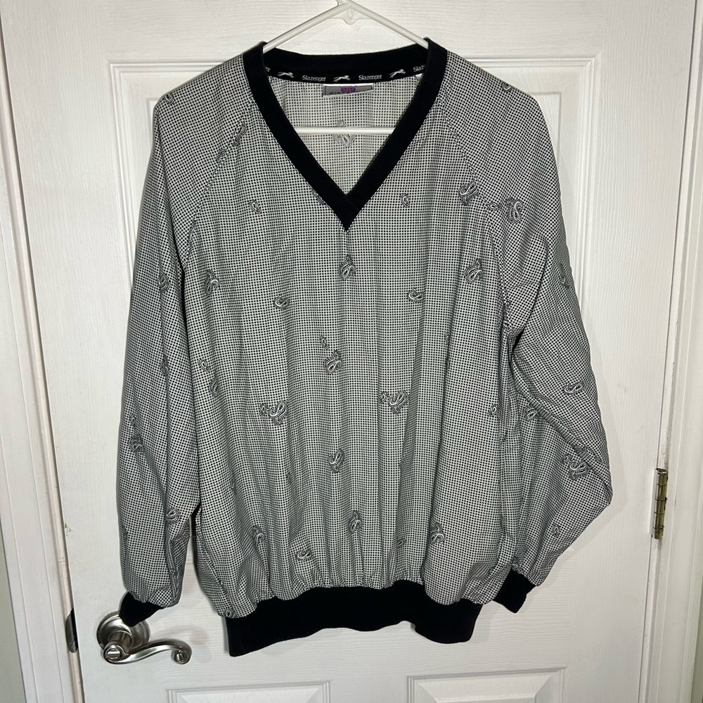 Slazenger Vintage Paisley V-Neck Golf Pullover Windbreaker Black White Medium